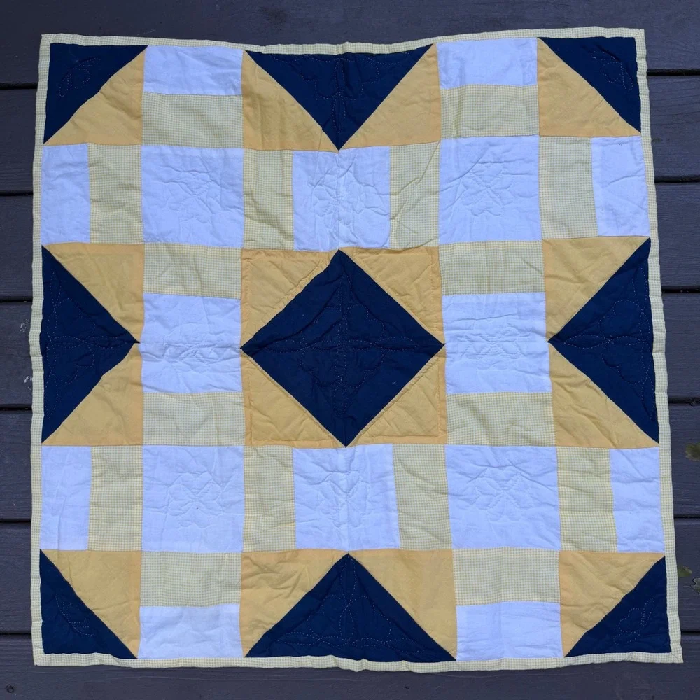 9.a.8 Vtg Handmade Hand Quilted Wall Quilt Blue Yellow Gingham Motifs 34x33.5